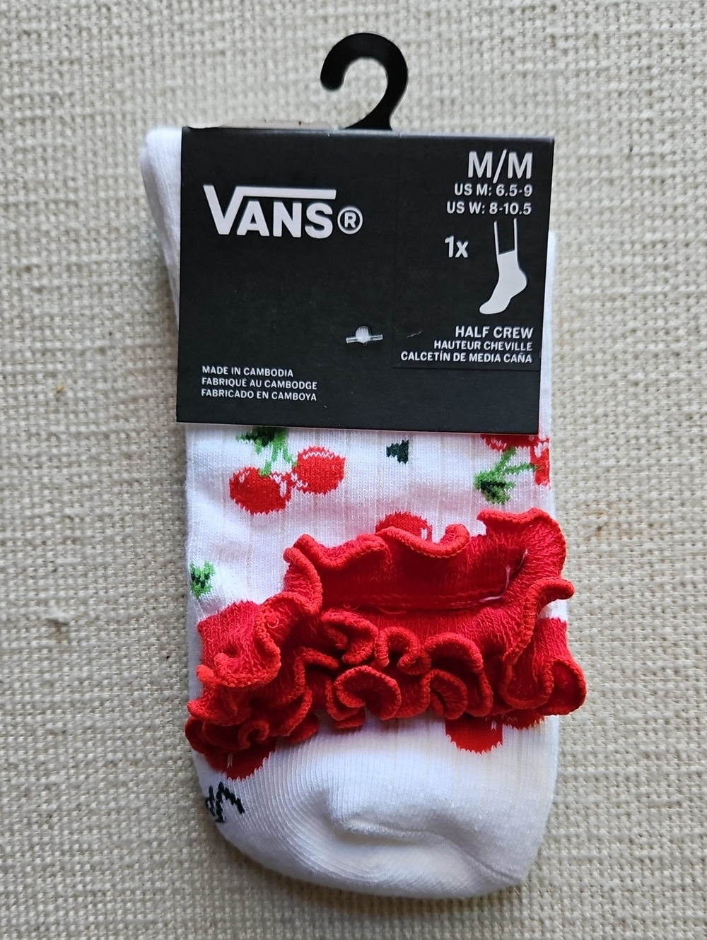 Vans White Half-Crew Socks with Red Cherry Print and Red Ruffle